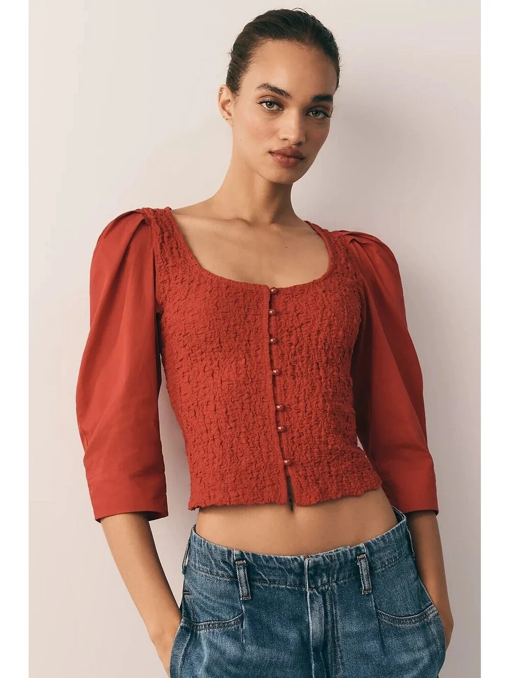 NWT By Anthropologie Smocked Blouse Cherry Red Womens Size Medium Preppy Buttons